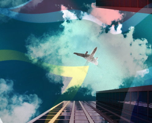 Plane over city with South African flag symbolizing repatriation and return of expats