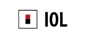 IOL logo with a square icon split red over black, positioned to the left of the bold black letters IOL.