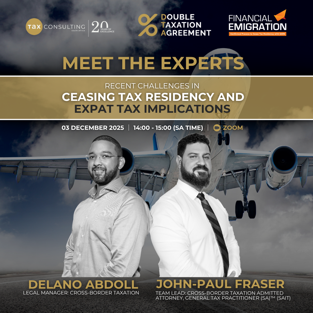 Webinar poster: Meet experts on ceasing tax residency expats with Delano Abdoll and John-Paul Fraser